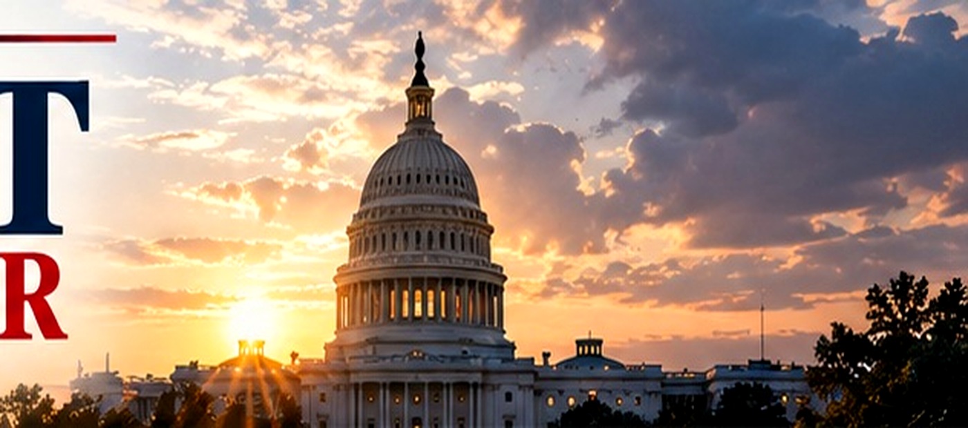 U.S. Capitol and American flag at sunset
